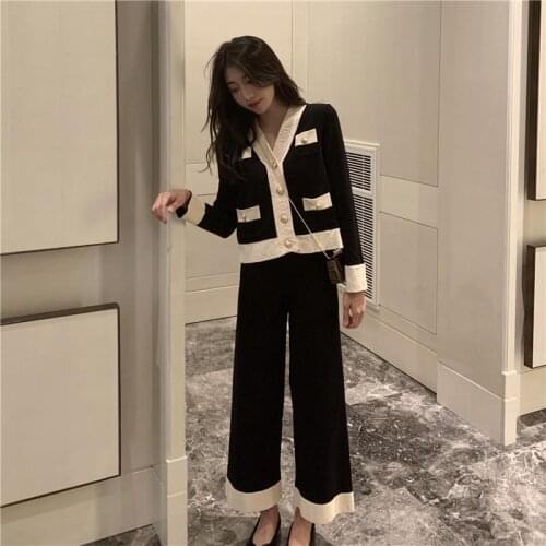 2020 New Autumn Winter Women Two Piece Set Pearl Button Ruffles Patchwork Knitting Tops+ Outwear Casual Wide Leg Pants Suits O63