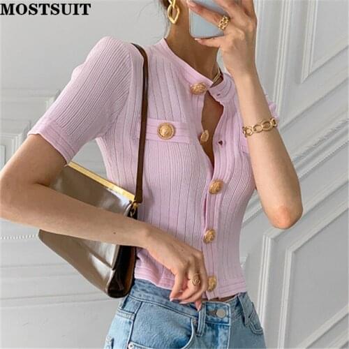 Vintage Stylish Knitted Cardigan Sweater Women Summer Big Buttons Short Sleeve Knitwear Tops Solid Slim Korean Elegant Jumpers