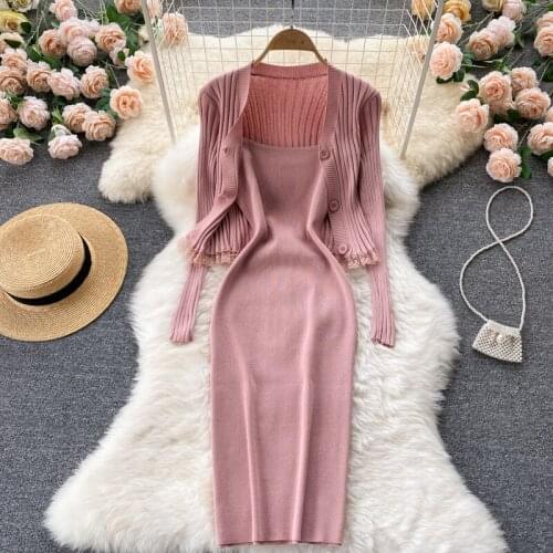 Women Fashion Solid Knitted Two Piece Suit Long Sleeve Lace Cardigan + Sexy Suspender Dress New 2021 Autumn Elegant Ladies Sets