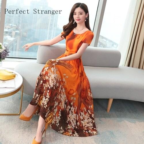 2021 New Arrival High Quality O Collar Short Sleeve Flower Printed Chiffon Women Long Dress