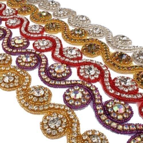 1Yard 3.3cm Fashion Sew On Base Crystal Rhinestone Applique Trim Accessories Bridal Costume Beaded Dress Trimming Decoration