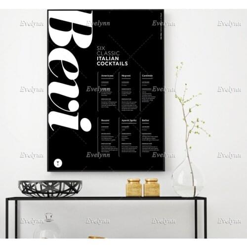 Bevi, Six Classic Italian Cocktails Posters,Drinks,Bar Restaurant, Helvetica, Black And White,Wall Art Prints Home Decor Canvas