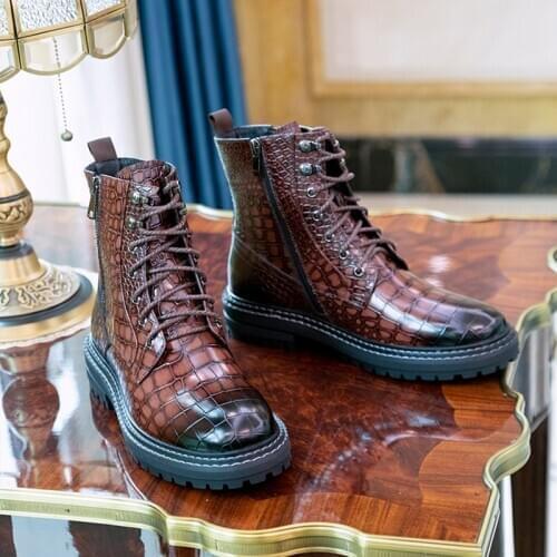 Men Winter chelsea Boots Genuine leather Mens Platform Brogue Casual Ankle Flat Shoes Lace Up dress Motorcycle Brand boots