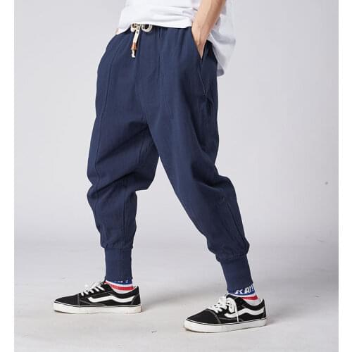 Men Harem Pants Japanese Casual Cotton Linen Trouser Man Jogger Pants Chinese Baggy Pants