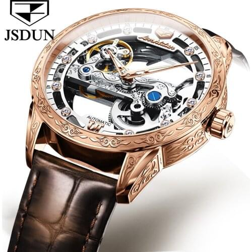 Luxury Men Mechanical Wristwatch Automatic Watch Men Classic Skeleton Leather Top Brand JSDUN Transparent Sapphire Waterproof