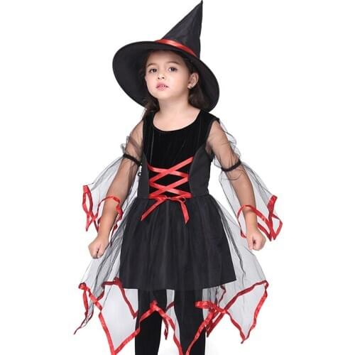 Halloween Costumes Dresses Mesh With Hat For Girls 2020 Holiday Children Dresses Cosplay Witch Festival Performance Dresses Kids