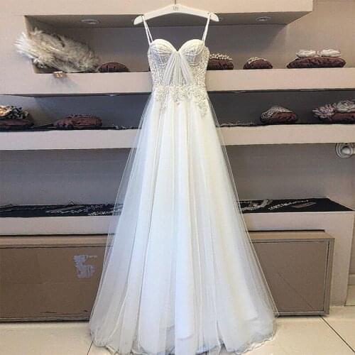 Hot Sale Spaghetti Straps Floral Lace Pleating A Line Floor Length White Tulle Wedding Dresses Vestido de boda