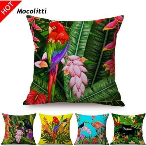 HD Printing Parrot Toucan Southeast Asia Tropical Plant Throw Pillow Case Palm Leaf Cotton Linen Home Decor Cushion Cover Cases