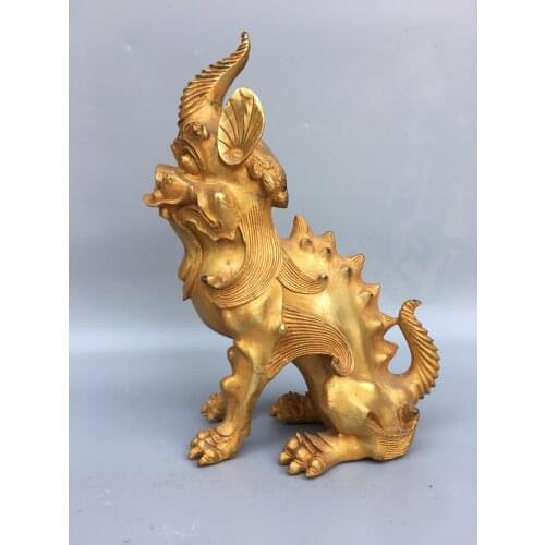 10"Chinese temple collection Old Bronze Gilt unicorn Mythical beast statue Ornaments Town House Exorcism