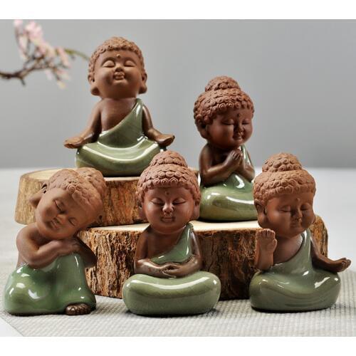Mini tea pet Chinese yixing zisha purple clay tea play porcelain crackle glaze brother kiln monk Buddha home decoration on sales
