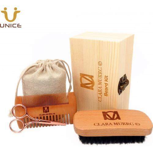 MOQ 100pcs 4 in 1 OEM Customize LOGO Men Beard Care Kits Wood Hair Combs Beard Brush Grooming Steel Scissors in Wooden Box & Bag