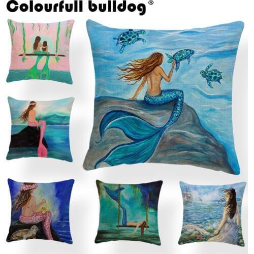 Cartoon Mermaid Throw Pillow Cases Sailboat Starfish Seagull Swing Sea Turtle Cushion Cover Home Living Room Palm Trees Decorate