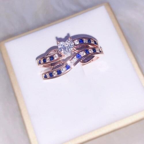 2 pcs /set of couple rings Rose gold ladys lovers girlfriend Royal family ring double rings miniature sapphire zircon crown
