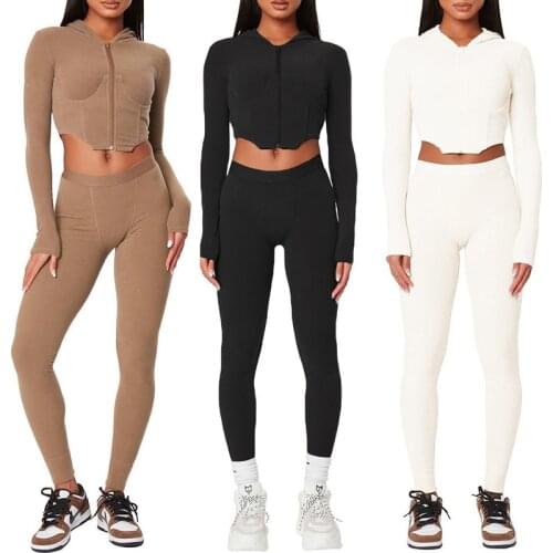 Clothing Vendors 2021 Fall Crop Hooded Top Elastic Waist Pants Two Piece Set Women Sportswear Fitness Pants Sets Long joggers
