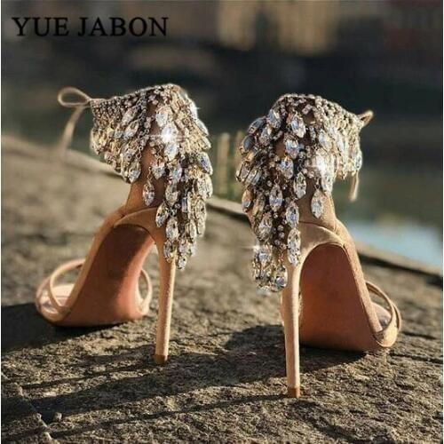 Luxury Crystal Fringe Back Women Open Toe Sandals Fashion Green Silk Straps Ladies Sexy High Heels Summer Hot Lace Up Sandals