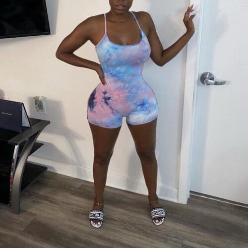 Sexy Woman Skinny Spaghetti Strap Sleeveless Oneseies Bodycon Tie-dye Sleepwear Jumpsuits Body Femme Plus Size S-2XL