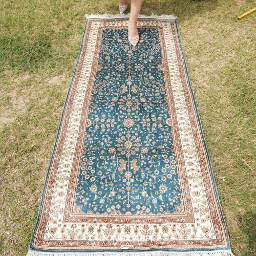 2.5'x6' Traditional blue handmade silk persian rug oriental hand knotted carpet (HF343B)