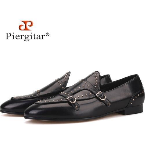 Piergitar brand 2019 Handmade spikes genuine leather men loafers Fashion party and wedding Men dress shoes smoking slippers