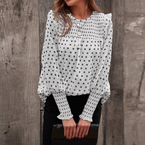 Women Blouses Long Lantern Sleeve Polka Dot Printed Ruffles Casual Loose Shirts Tops Holiday Office Clothes Summer