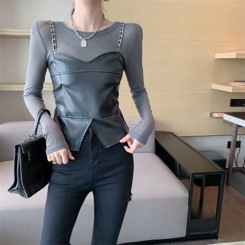 Women Sexy Nightclub Little Camisole 2 Piece Long Sleeve See Through Slim T Shirt&Chic Black PU Tank Top Vest Hot Girl Outfits