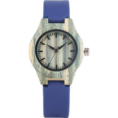 Womens Casual All Bamboo Watch Classic Handmade Quartz Wooden Watches Concise Green Dial Blue Pin Buckle Strap Wristwatch