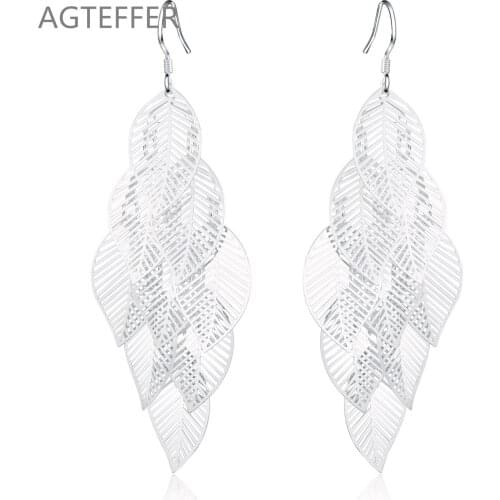 AGTEFFER 925 Sterling Silver Tree Leaf Leaves Drop Earrings For Women Best Gift Wedding Engagement Party Jewelry