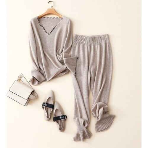 100% cashmere sweater women Autumn winter color matching V-neck cashmere pants womens fashion suit womens lazy two-piece swe