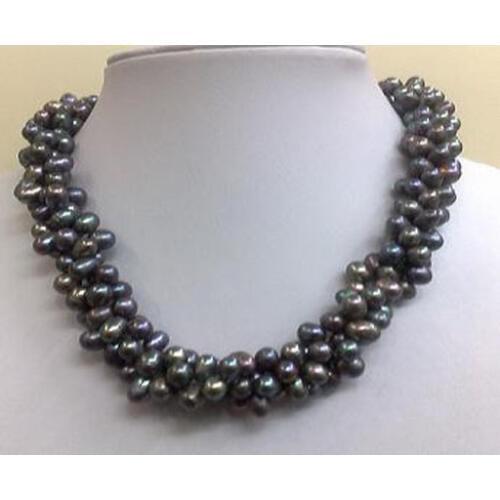 18 inches Three Rows 4-5 mm Black Natural Freshwater Pearl Necklace