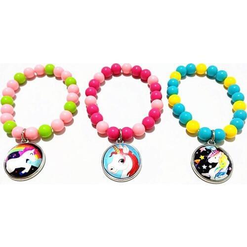 24pcs/lot Unicorn Pink Rose Blue Beads glass bracelets Leather Cartoon Movie Monocerus hand chain girls Bangle wholesale