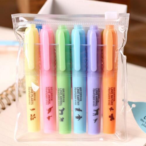 6pcs/set Oblique-head Highlighter Pen Candy Color Highlighter Notebook Maker Pens Fluorescent Line Marker Pen