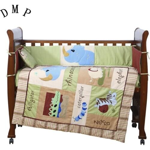 7PCS Embroidery cute Baby crib bedding set 100% cotton included flat sheets cot bedding,include(bumper+duvet+sheet+pillow)