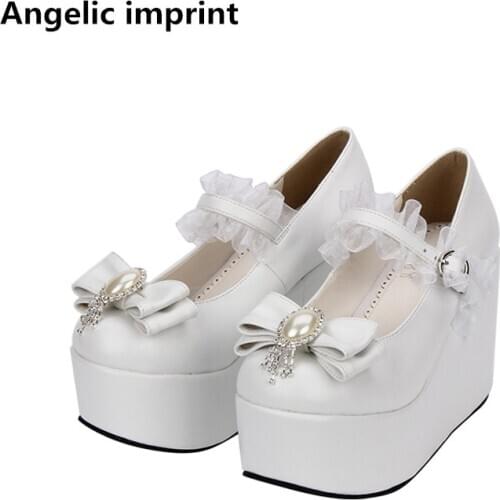 Angelic imprint woman mori girl lolita cosplay shoes lady high heels pumps women princess dress party shoes 33-47 pearl bowtie