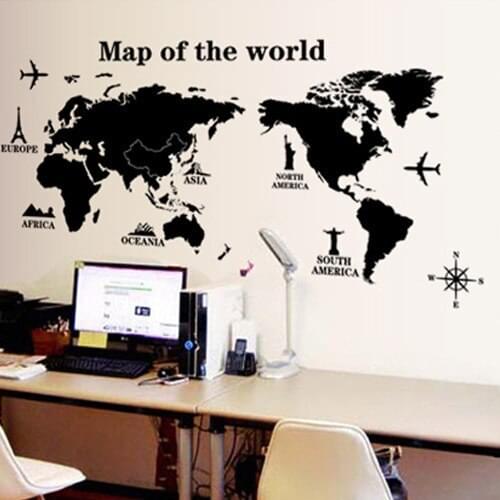 Black Map of the world Stickers Vinyl DIY World Map Travel View landmark Mural for Living room Bedroom study Decoration Decals