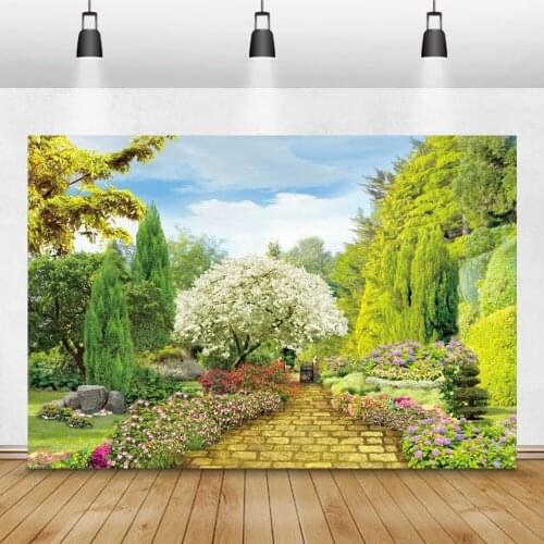Laeacco Spring Scenery Wedding Photo Backdrops Green Forest Trees Flowers Garden Pathway Baby Portrait Photography Backgrounds