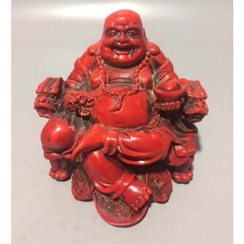 Chinese Handmade Red Coral Carved Maitreya Buddha Happy Buddha Laughing Buddha Statue Luck Gift Home Decoration