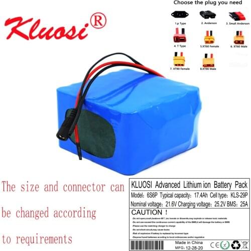 KLUOSI 6S6P 21.6V 24V 17.4Ah 18Ah 25.2V Lithium Battery Pack with 25A BMS for Electric Bicycle Ebike Scooter Wheelchair Cropper