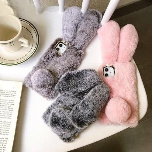 Soft Cute 3D Color Rabbit Ears Fur Plush Warm Diamond Phone Case For iPhone 11pro XS Max XR 6/6S 7/8 Plus 5/5s/SE Case Cover