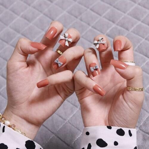 Fake Nails Medium and Long Pumpkin Color Nail Stickers Finished Nail Stickers 24 Nail Stickers With Glue MH88