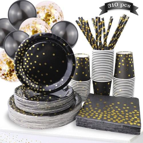 Disposable Dinnerware Black Gold Party Supplies Golden Dot Paper Plates Tableware Sets for Graduation Birthday Cocktail