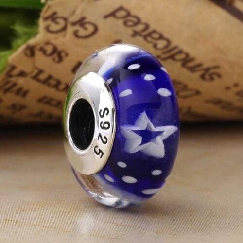 Original Blue & White Starry Night Lampwork Murano Glass Beads Fit 925 Sterling Silver Charm Bracelet Bangle DIY Jewelry