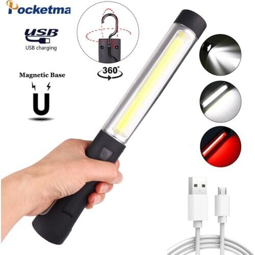 Portable Work Light COB LED Flashlight Magnetic Torch USB Rechargeable 360 Rotate Work Lamp Flexible Inspection Lamp With Hook