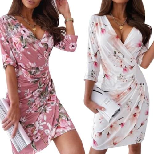 Women Slim Fit Dress, Adults Summer Flower Print Ruffles Long Sleeve V-neck Mid-rise Dresses Evening Party