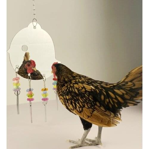 Q0KA Chicken Mirror Toys with Color Bells Rings for Hens Chicks Roosters Hanging Swing Large Acrylic Mirror Toy for Parrot