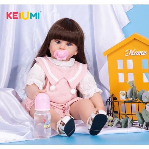KEIUMI 60CM Realistic Long Straight Hair Bebe Reborn Light Pink Bodysuit Dress Up Reborn Baby Girl For Childrens Gift