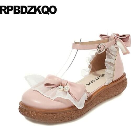 Bow Ankle Strap Flats Size 11 Creepers Lace Pink Heart Elevator 10 Platform Pearl Non-leather Casual Shoes Women Large Sandals