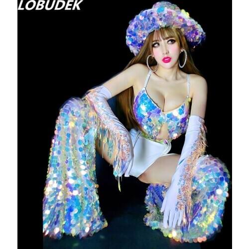 Sexy DJ Nightclub Bar Stage Wear Women Singer Dancer Costume Glitter Scale Sequins Bikini Tassel Gloves Leading Dance Outfit