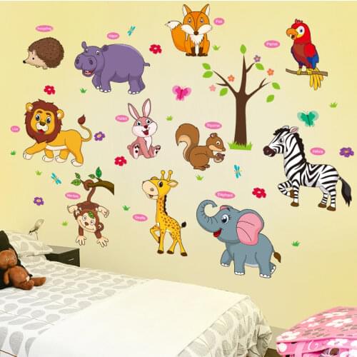 [shijuekongjian] Cartoon Animals Wall Stickers DIY Lion Tiger Monkey Mural Decals for Kids Room Baby Bedroom Home Decoration