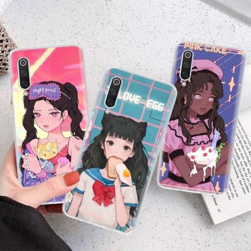 INS Kawaii Japanese Anime illustration Girl Silicon Phone Case For Xiaomi Note 10 Mi 11 9 8 CC9 10T 9T 5X 6X A3 A2 A1 Lite Pro P