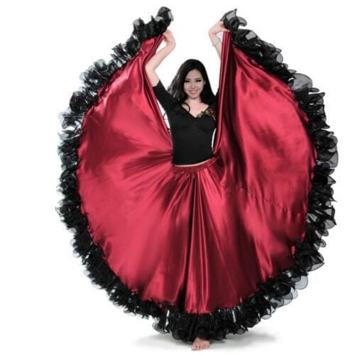 Women Spanish Flamenco Modern Dance Swing Skirt Satin Ruffle Elastic Waist Ballroom Costume 912-749