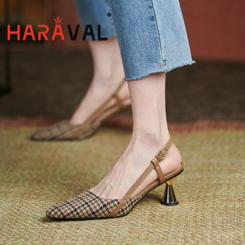 HARAVAL Women Sandals Shoes High Heels Brown Modern Sandals Casual Buckle Strap Elegant Shoes Women Patchwork Footwaer B336